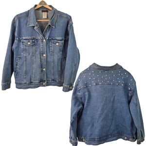 Denim & Co Blue Denim MOTO Boho Studded Vintage Jean Jacket 1 X